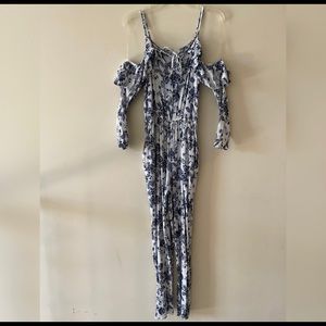 Blue Floral Print Cold Shoulder Jumpsuit